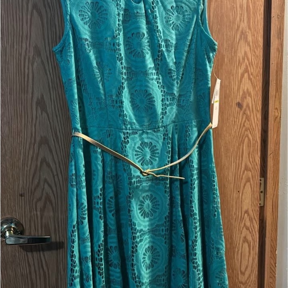 Women’s Teal Lace Midi Dress with Gold Belt